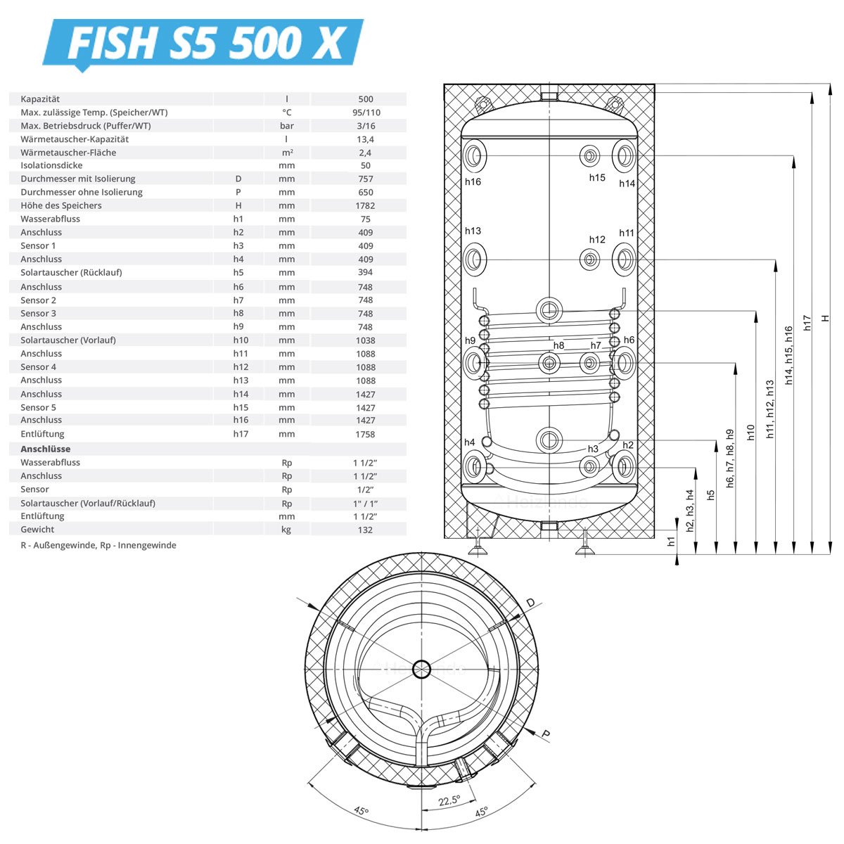 Sunex Pufferspeicher Fish S5 X mit 1 Wärmetauscher 500 Liter