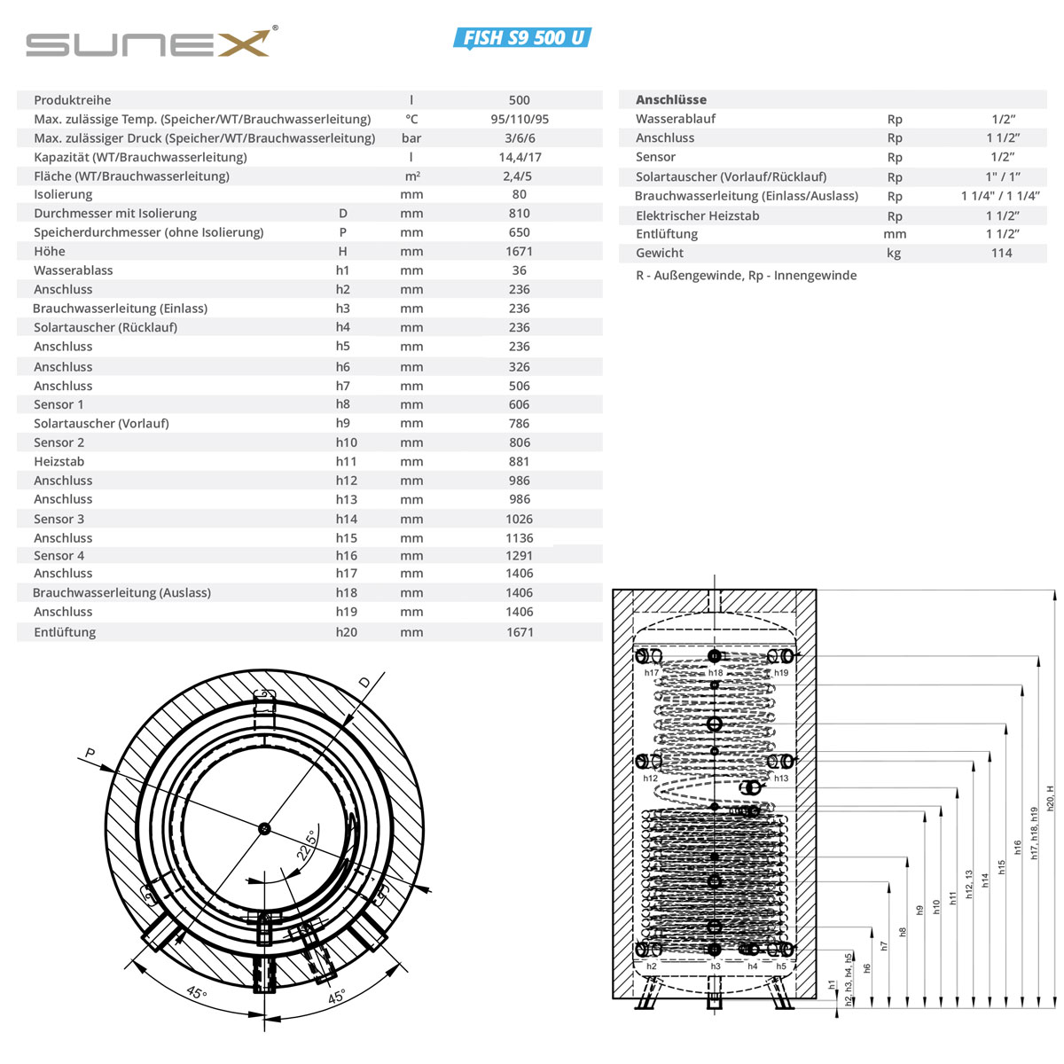 Sunex S9 Hygiene-Pufferspeicher 500 Liter mit 1 WT